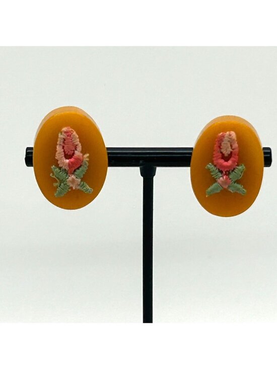 Bakelite Jewelry - Bakelite Clip-On Earrings Butterscotch Pink & Green Embroidered Floral Vintage